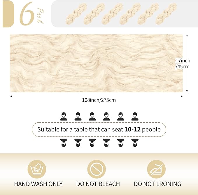 RealBox 6 Pack Ivory Cheesecloth Table Runner 17x108 Inch Semi Sheer Boho Gauze Cheese Cloth Fabric Table Runners Table Decor for Wedding Party Baby Shower Birthday Home Decor Garden Farmhouse