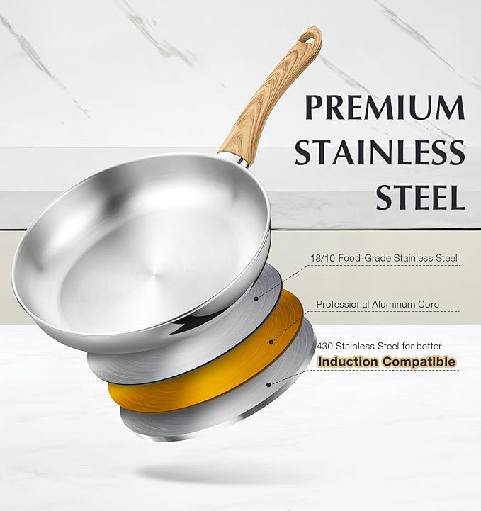 KOCH SYSTEME CS Stainless Steel Pan 10 Inch, Induction Tri-Ply Bottom Stainless Steel Frying Pan with Heat-resistant Bakelite Handle, 10 Inch Stainless Skillet with Lid for Cooking, Dishwasher Safe