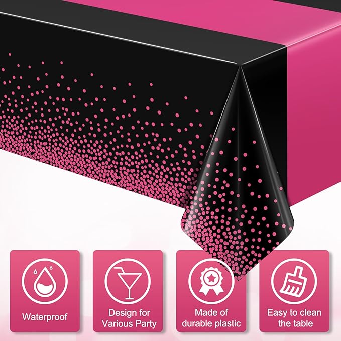 3Pcs Black Hot Pink Tablecloth Party Decorations,Plastic Black Table Cloth Printed Hot Pink Table Runner Disposable Rectangle Cover for Birthday Wedding Anniversary Graduation Party,54x108 Inch