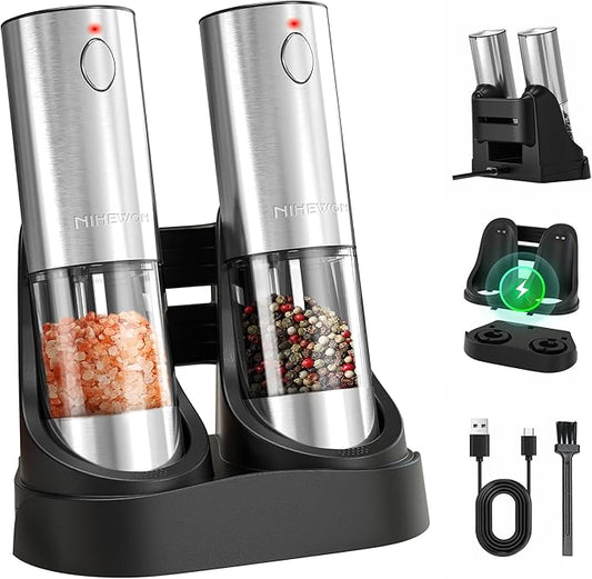 Electric Salt and Pepper Grinder Set with LED Light, Rechargeable Salt and Pepper Shakers with 5 Adjustable Coarseness, Upgraded Large Capacity, Stainless Steel, Storage & Charging Base