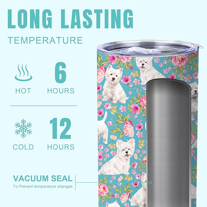 Yogusut Westie Gifts for Women, 20oz Stainless Steel Insulated Tumbler Travel Mug Cup with Lid Straw Brush, Gifts for Dog Mom Dog Lover