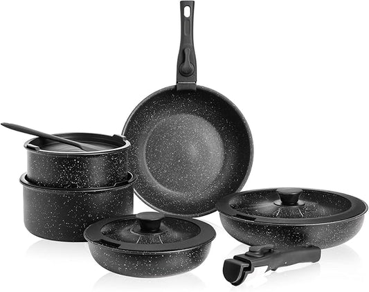 12 Pcs Pots and Pans Set, Nonstick Kitchen Cookware Sets Detachable Handle, Induction Healthy Non Stick RV Cookware, Dishwasher 竊?Oven Safe, Black