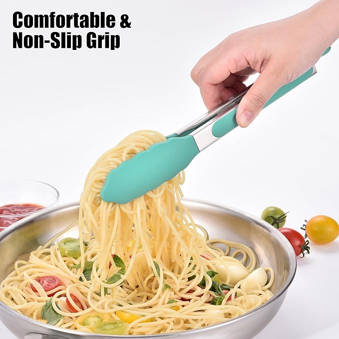 Doosu Kitchen Tongs for Cooking - 600째F Heat Resistant Food Tong with Non-Scratch Silicone Tips, Heavy Duty Stainless Steel Locking Tong for BBQ, Grilling Steak, Serving Salad, Pasta (9in, Aqua Sky)