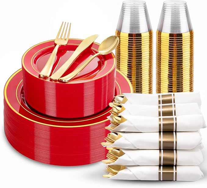 175 Pieces Red Plastic Plates with Gold Rim Include Dinner Plate 10?? Dessert Plate 7?? gold Cups 9 OZ, Pre Rolled Napkins 25 of each type for Party Valentine's Day