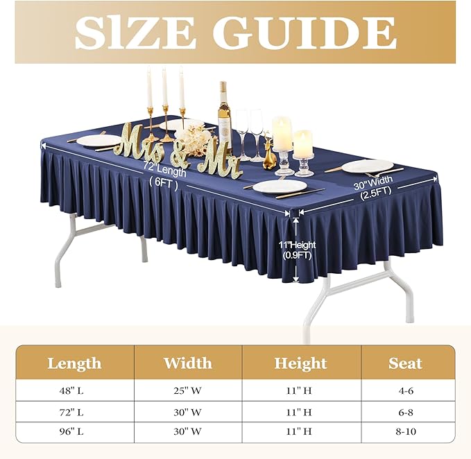 Wish Care Navy Blue Spandex Table Clothes for 6 Foot Rectangle Tables Wrinkle Free Stretch Fitted Tablecloth 6ft Pleated Ruffle Elastic Table Cover Skirt for Banquet Dining Home Party Tablecloth