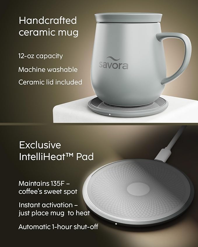 12oz Heated Coffee Mug | Barista?셲 Choice | Exclusive Wireless IntelliHeat Pad | Temperature Control Maintains 135째F | Hand-Crafted Ceramic Mug & Lid | Great for Tea Drinkers | Backed for Life - Grey
