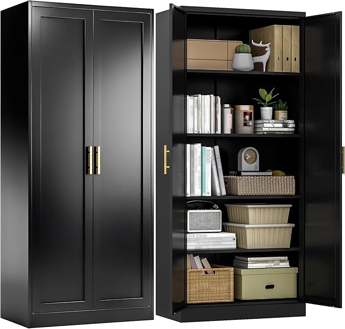 Kitchen Pantry Cabinet,71??Metal Tall Pantry Storage Cabinet with Doors and 4 Adjustable Shelves,Kitchen Storage Cabinets Black Freestanding Food Cabinet for Pantries, Kitchen, Livingroom, Dining Room