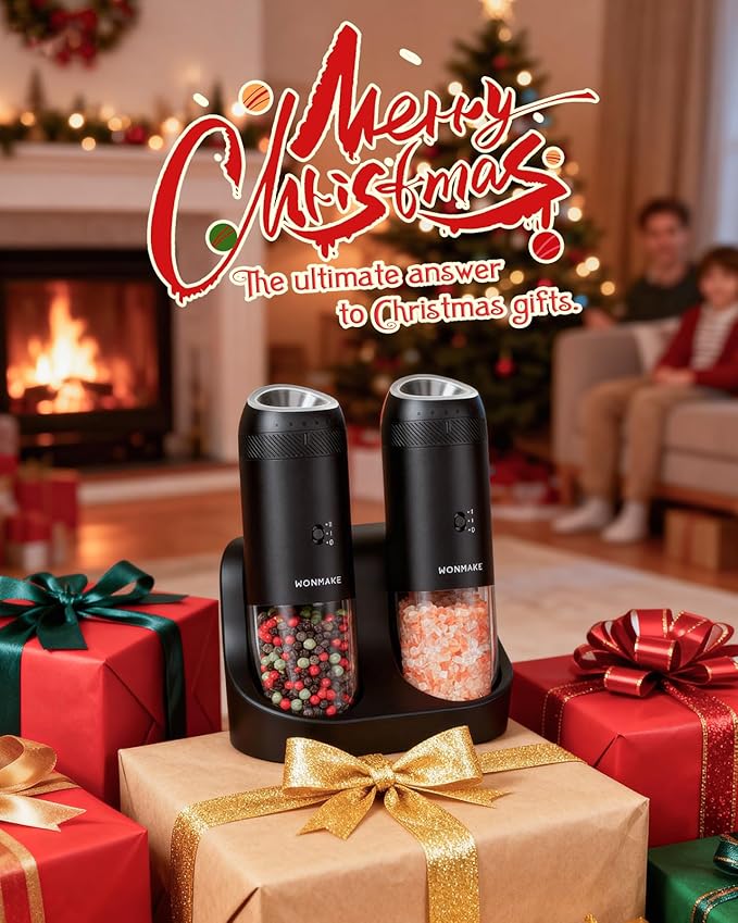 WONMAKE Gravity Electric Salt and Pepper Grinder Set with Charging Base, Automatic Salt and Pepper Mill, 6-Level Adjustable Coarseness, Dual Speed, and Large 5.95oz Capacity