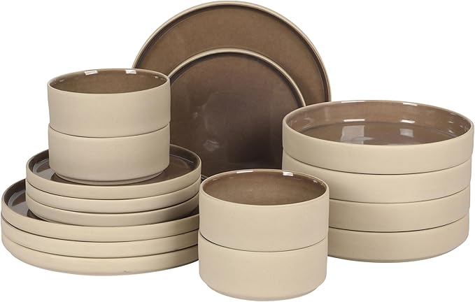 Gibson Elite Liberty Bay 16-Piece Pottery Clay Stoneware Dinnerware Set ??Mocha Brown Reactive Glaze, Stackable Plates and Bowls W/Pasta Bowl, Service for 4 ??Microwave & Dishwasher Safe