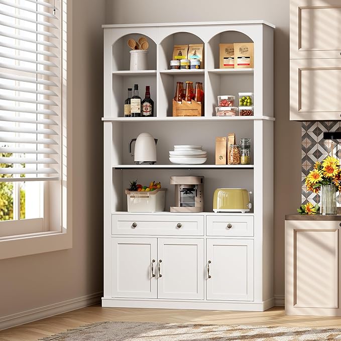 73.2" Tall Farmhouse Arched Bookshelf with Drawer and Door, 6 Tier Mid Century Modern Book Shelf and Bookcase with Storage, Floor Standing Display Cabinet for Living Room, Home Office, White