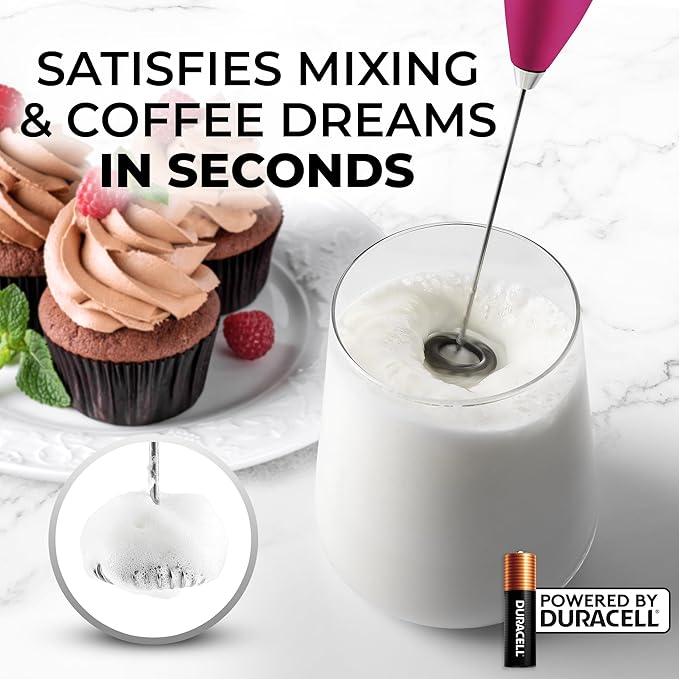 Zulay Kitchen Milk Frother Handheld Electric Whisk with AA Duracell Batteries ??Durable Drink Mixer for Coffee, Lattes, Cappuccinos & More - Hot Pink
