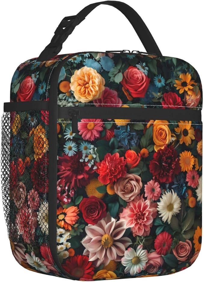 VANZEV Colorful Elegant Floral Print Insulated Lunch Box Gifts for Kids Adults Vibrant Flower Design Reusable Portable Lunchbox Cooler Lunchbag for Work Picnic School Travel or Hiking