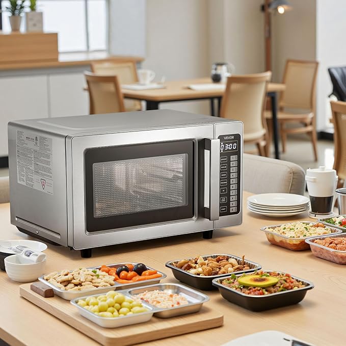 VEVOR Commercial Microwave Oven, 0.9 Cu Ft, 1000W Digital Stainless Steel Countertop Microwave Oven with Touchscreen, 10 Cooking Presets, 5 Power Levels, Multi-Lock Door & Easy Clean for Restaurants
