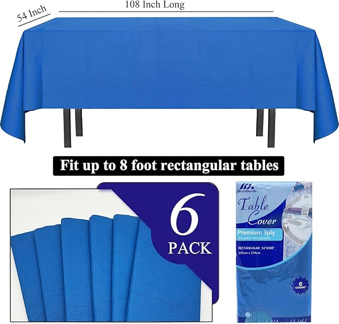 [6 Pack] Blue Paper Tablecloth Disposable for Rectangle Tables, 54X108 Inch Party Paper Table Cover with Plastic Backing, Waterproof 3 Ply Paper&Plastic Table Cloth for Banquet Birthday Indoor Outdoor