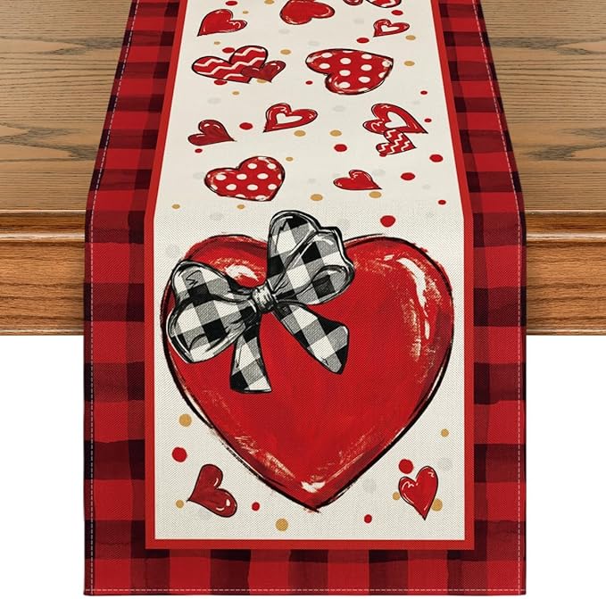 Artoid Mode Red Buffalo Plaid Heart Bow Tie Valentine's Table Runner, Seasonal Kitchen Dining Table Decoration for Home Party Decor 13x72 Inch