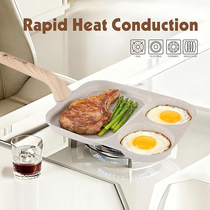 CLANK 3-in-1 Nonstick Egg Pan with Divided Nonstick Griddle, Multi-Function Breakfast Pan/Pancake Pan for Gas and Induction Cooktops, White Granite Texture