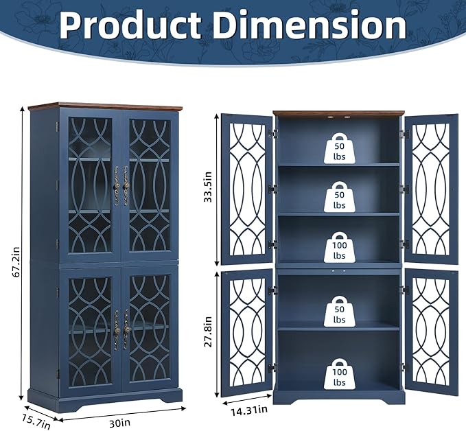 67" Tall Pantry Cabinet Set of 2, Vintage Kitchen Pantries Cabinets with Glass Doors & Adjustable Shelves, Wood Cupboard with Large Storage for Dingning Room, Bathroom, Navy Blue