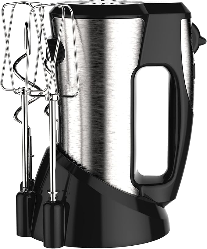Courant 5-Speed Hand Mixer, Stainless Steel w/Turbo Function, Neat Storage Stand, Includes Set of Beaters & Dough Hooks, Perfect for Baking and Cooking - COUCHM1580ST (Silver)