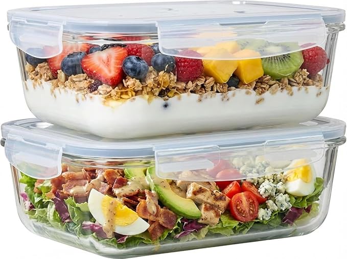 4pc Set - 8 Cup / 64oz Large Glass Food Storage Containers with Lids Airtight Meal Prep Container with Lid Lock - Freezer Microwave & Oven Safe Clear Lunch Bowl Stackable Baking Pantry Organizer