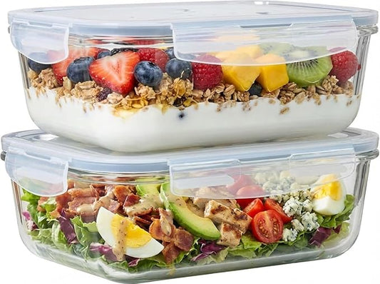 4pc Set - 8 Cup / 64oz Large Glass Food Storage Containers with Lids Airtight Meal Prep Container with Lid Lock - Freezer Microwave & Oven Safe Clear Lunch Bowl Stackable Baking Pantry Organizer
