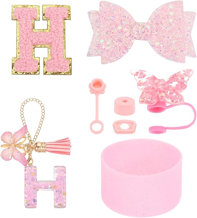 uxcell 8Pcs Cup Accessories Set for Cup Tumbler with Handle, Including Silicone Straw Cover, Boot, Spill Proof Stopper, Handle Charm, Initials Sticker(Letter H, Pink)