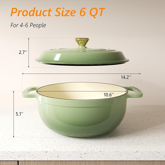 Bonnlo 6QT Round Dutch Oven, Enameled Cast Iron Dutch Oven Pot with Lid & Dual Handles, Oven Safe Up to 500째 F, for Sourdough, Bread Baking, Stews and Roasting, Green