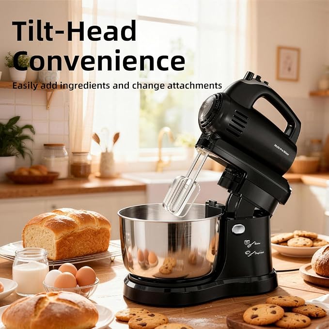 Stand Mixer Hand Mixer Electric Kitchen - 3.2 QT Auto-Rotating Bowl & Beater Small Standing Mixer, 5-Speed Tilt-Head Household Mixer with Beaters& Dough Hooks for Baking, Black