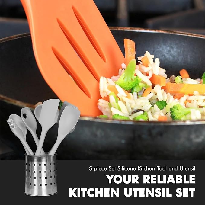 Chef Craft - Premium Silicone Kitchen Tools and Utensils Set, Non-Scratch, Withstands Temperatures up to 450째F, BPA-Free, 5 Piece Cooking Utensils Set, Gray