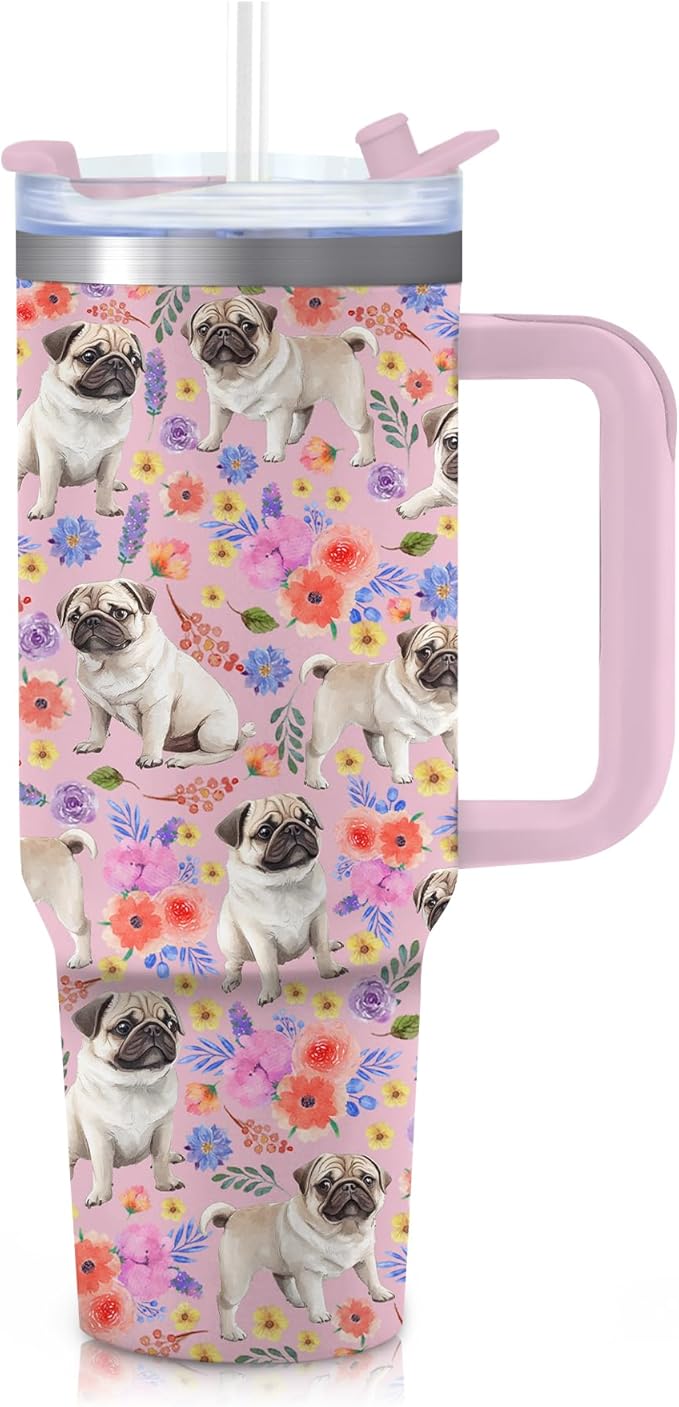 Yogusut Pug Gifts for Women, 40oz Stainless Steel Insulated Tumbler Travel Mug Cup with Handle Straw, Gifts for Dog Mom Dog Lover
