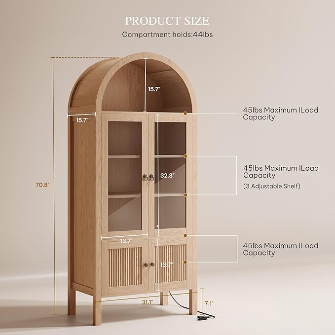 DWVO 71" Tall Arched Kitchen Pantry/Wood Kitchen Storage with Tempered Glass Doors and Adjustable Shelves/Bookcase Cabinet with Storage for Dining Room-Natrual