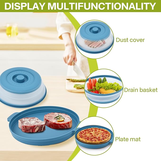 Microwave Splatter Cover for Food with Anti-scald Base Plate,Large Plastic & Silicone Vented Avoid Scalding Collapsible Guard Lid,Kitchen Essential Gadgets for Meal Prep-10.7 Inch (Blue)