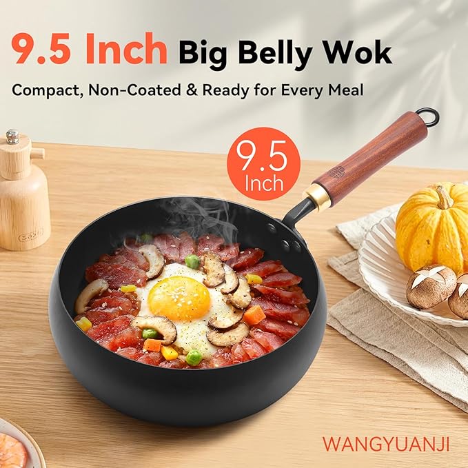 WANGYUANJI Wrought Iron Flat Bottom Wok with Glass Lid ??Detachable Wooden Handle, Non-Coated Naturally Nonstick Frying Pan for Gas, Electric & Induction Stoves (Black Deep-Bowl Wok, 9.5 inch)