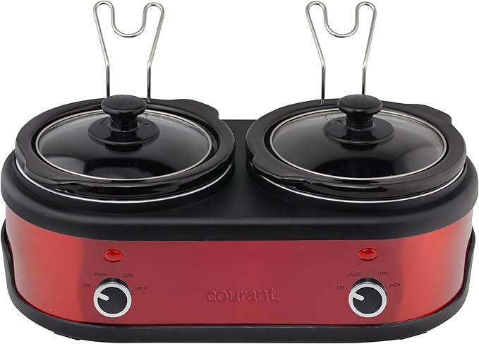 Courant 3.2-Quart Double Slow Cooker (1.6-Qt each) w/Warm Settings, Stainproof Stoneware Pots and Glass Lids ??Red Stainless Steel