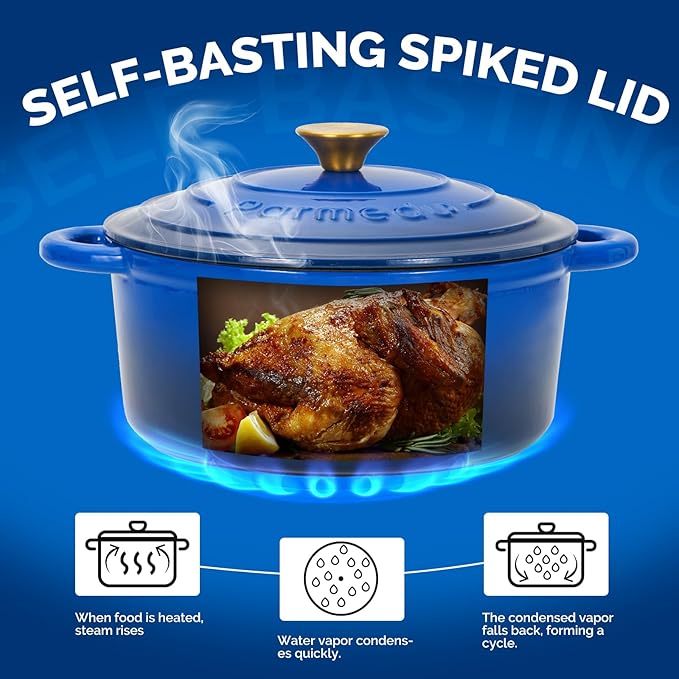 Parmedu 5.5 Quart Enameled Cast Iron Dutch Oven Pot with Lid, Heavy-Duty, Oven Safe up to 500째 F & Across All Cooktops, Perfect for Bread Baking, Stews, Braising & Roasting, Sapphire Blue