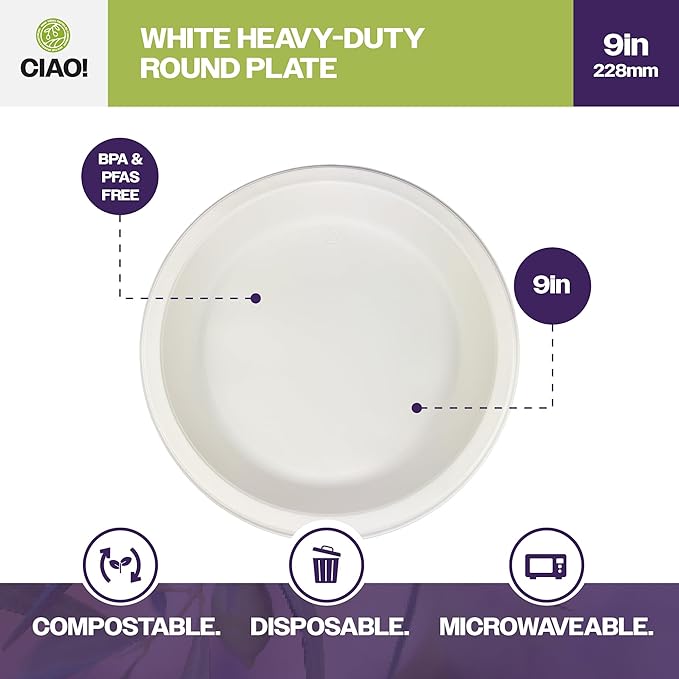 CIAO! 9" White Heavy Weight Plastic Plate Mineral Filled Polypropylyne MFPP (Case of 400)