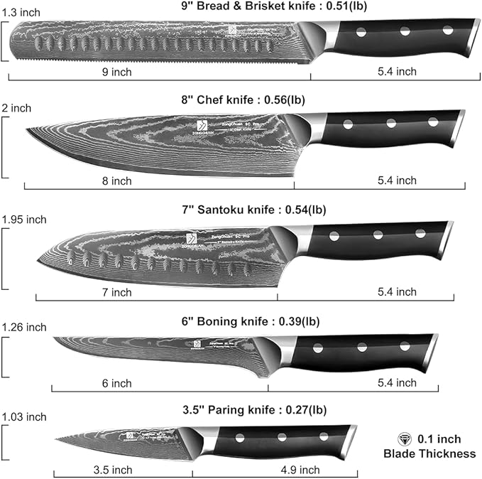 5-Piece Damascus Chef Knife Set: High Carbon Stainless Steel, Professional Ultra Sharp Kitchen Knives Set with Ergonomic Black Handle - Chef/Santoku/Paring/Bread/Brisket/Boning Knives in Gift Box