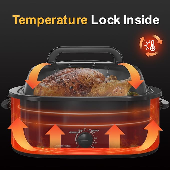 RoyalCraft 26-Quart Electric Roaster Oven with Visible Self-Basting Lid, Turkey Roaster Oven with Removable Pan and Rack, Perfect for Large Meals and Holiday Feasts, Red