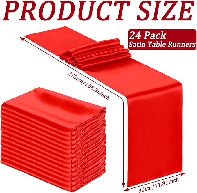 Bencailor 24 Pcs Bright Red Satin Table Runner Bulk 12 x 108 Inches Long Table Runners Bright Smooth Fabric Tablecloth for Wedding Banquet Birthday Valentines St Patrick's Day Party Decorations