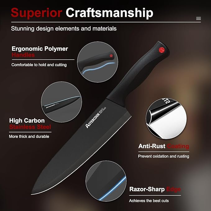 Astercook 15 Piece Knife Set with Sharpener Block - German Stainless Steel, Dishwasher Safe Kitchen Knives with Built-In Sharpener, Black