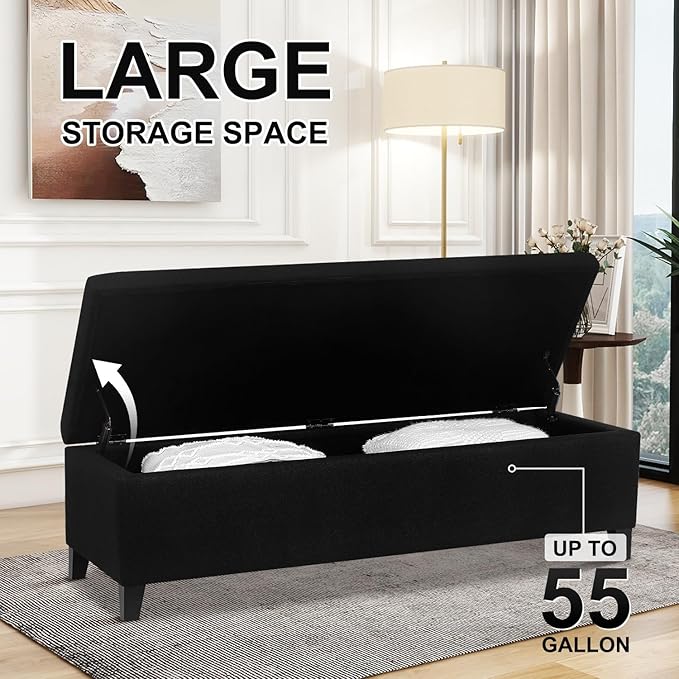 DECO DE VILLE Ottoman with Storage, 51 Inch End of Bed Storage Ottoman Bench, Linen Fabric Upholstered Ottomans with Hinged Lid, Rectangle Long Foot Rest Bench for Entryway Living Room Bedroom Black