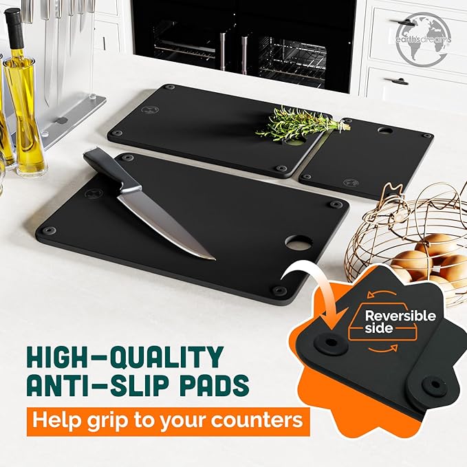 Earth?셲 Dreams Wood Cutting Board Set 3-Piece: Small, Large & Extra Large - Charcuterie Board, Non-Plastic, Non-Toxic, Heavy-Duty, Dishwasher Safe (Black)