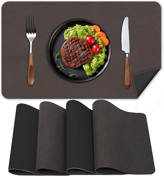 Faux Leather Placemats, Set of 4, 12''횞17' Textures on Both Sides, Heat-Resistant, Waterproof and Oil-Proof, Reversible Place Mats for Kitchen, Dining Table, Outdoor-Coffee&Black