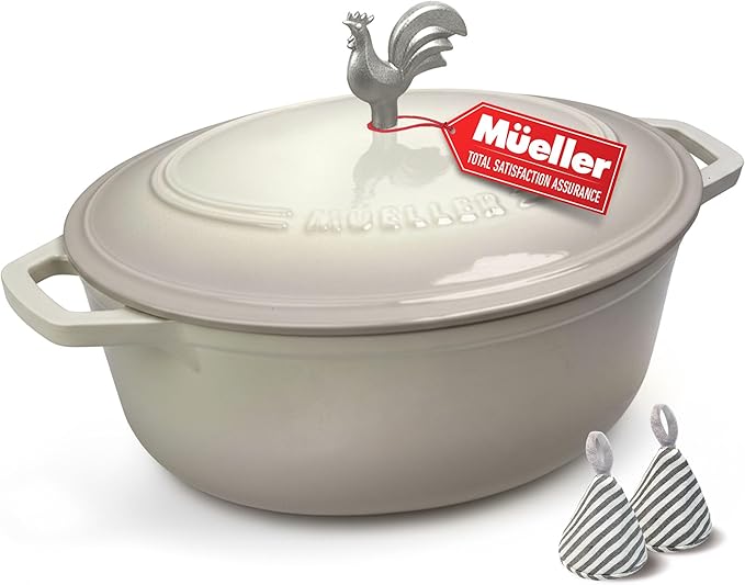 MUELLER HOME 5.5 Quart Enameled Cast Iron Oval Dutch Oven with Rooster Knob & Cotton Potholders, Heavy-Duty Cookware, Oven-Safe up to 500째 F & Across All Cooktops, Gifts for Grandma & Women, White