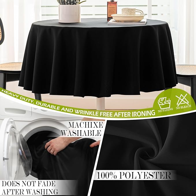 BYDOLL Table Cloth 48 Inch Round Tablecloth Fits Max38 Inch Diameter Table Top,Black Polyester Washable Wrinkle-Free Spillproof Tablecloth for Party Patio Cover