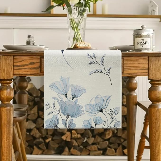 ZCHOMI Blue Poppy Floral Table Runner 13x72 Inch Summer Flowers Spring Kitchen Dinning Table Decoration for Indoor Outdoor Home Party D챕cor