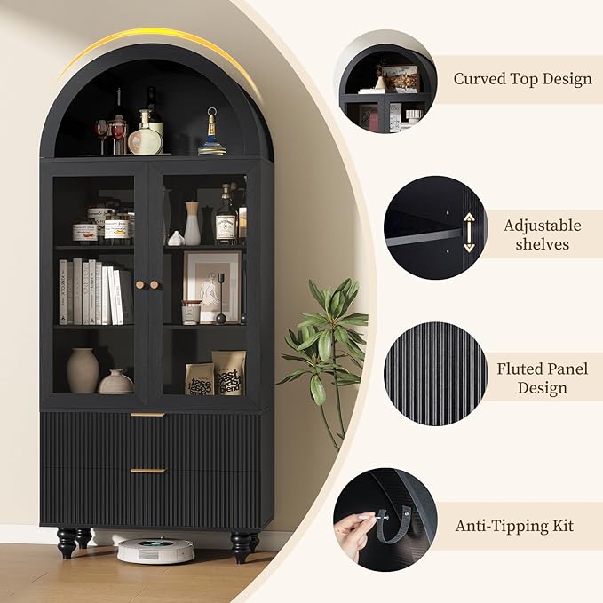 71" Tall Arched Pantry Cabinet with Glass Door, Fluted Kitchen Storage Cabinets with Shelves and Large Drawers, Wooden Buffet Cabinet Credenza for Living Room, Entryway, Coffee Station, Black