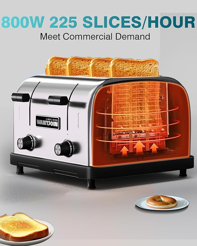WantJoin Commercial 4-Slice Toaster, 1800W 225 Slices/Hour with 1.57 Inch Wide Slots, 6-Level Setting & Removable Crumb Tray, Stainless Steel for Restaurant Breakfast (Bread, Bagels)