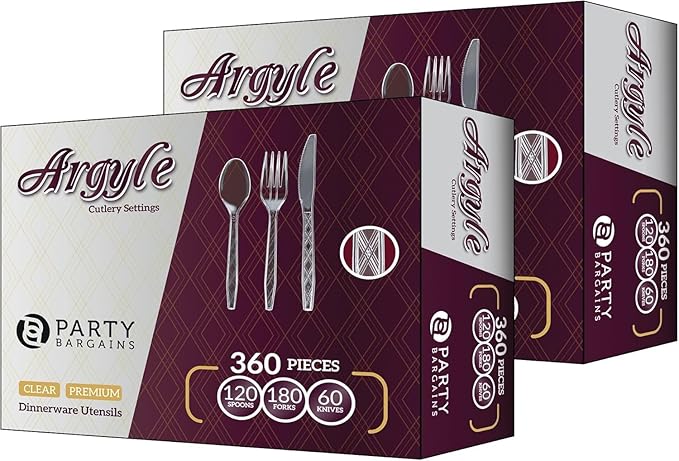 Party Bargains Clear Plastic Cutlery 720 pcs: 360 Forks, 240 Spoons, 120 Knives. Argyle Design, Heavy Duty & Solid Disposable Silverware Utensils Combo Pack Set for Weddings, Buffets, Luncheons