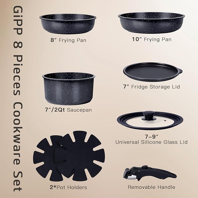 GiPP Ceramic Non Stick Pots and Pans Set,Nonstick Detachable Handle Cookware Sets,Healthy Non Toxic PFAS PFOA & PTFE Free, Dishwasher 竊냀ven Safe, Induction Kitchen Pot and Pan, 8 Piece Grey