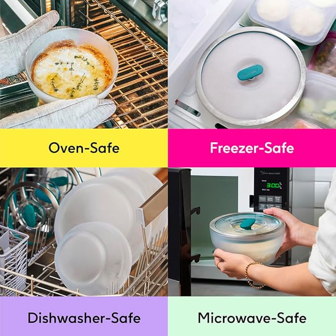Anyday 10-Cup Square Glass Food Storage with Glass Lid | Plastic-Free Meal Prep & Microwave Cookware | Stackable Airtight Storage Container with Vented Lid for Microwave-Safe Reheating
